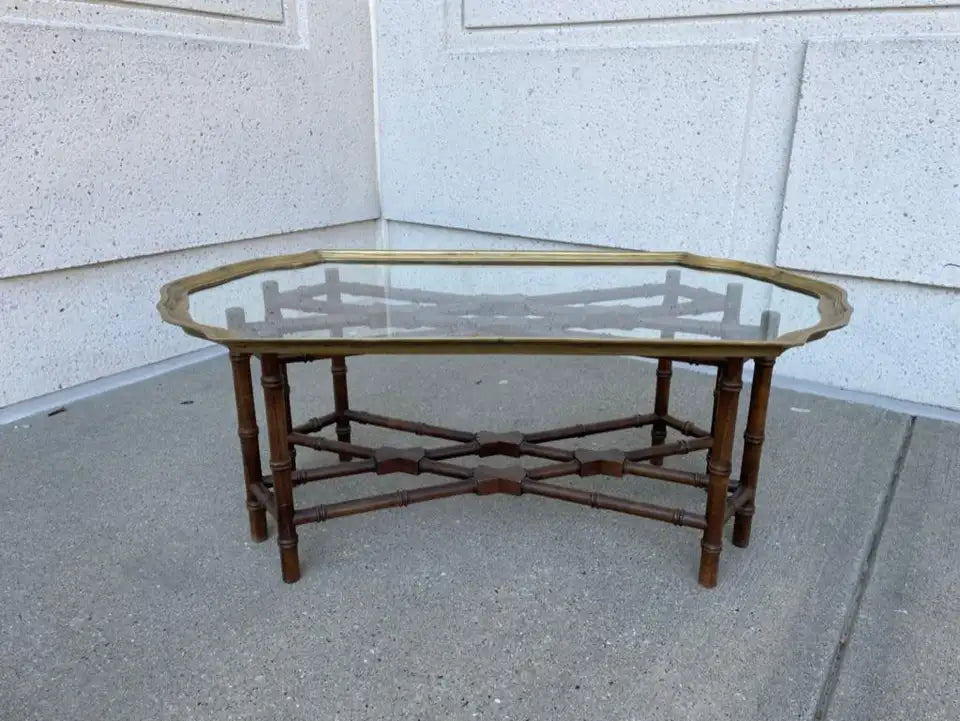 Regency Style Small Scale Brass Frame Glass Top Coffee Table Faux Bamboo Base