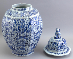 Dutch Delft  Blue and White Lidded Jar with Lion Finial