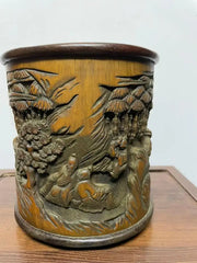 Chinese Bamboo Calligraphy Brush Holder Carved with Scholars in a Garden