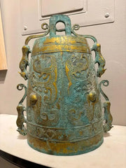 Archaistic Zhou Dynasty Style Gilt Bronze Bell with Verdigris Patina