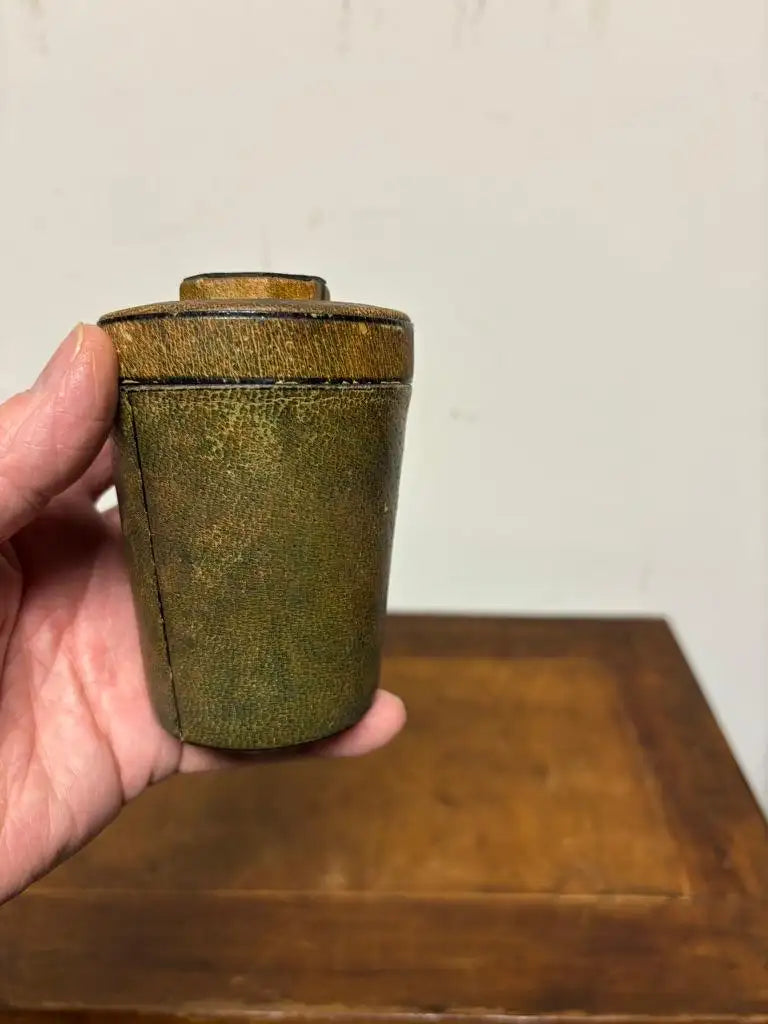 Early 20th Century Leather Dice Cup with 7 Dice Inset into the Top