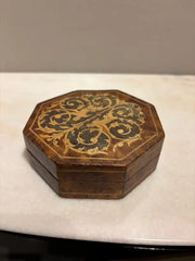 Italian Renaissance Style Octagonal Burl Wood Box With Fruit Wood Inlay