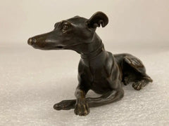 Pair of Regency Bronze Figures of Reclining Whippets on Green Marble Bases