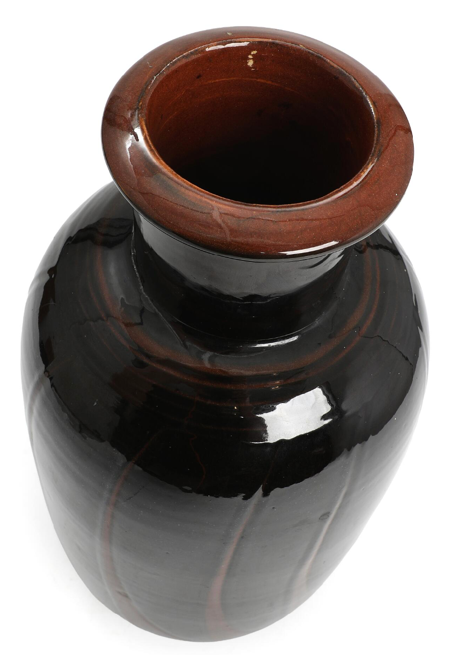 Julie Kabell Earthenware Vase of Cylindrical Form with Graphic Design, Black and Brown Glazes, Kähler, Denmark, Signed HAK, H. 39.5 cm