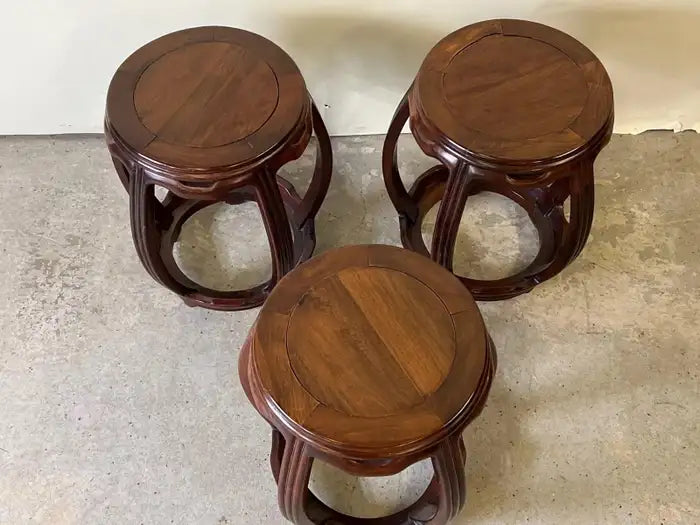 Set of 3 Chinese Rosewood Garden Stools or Side Tables