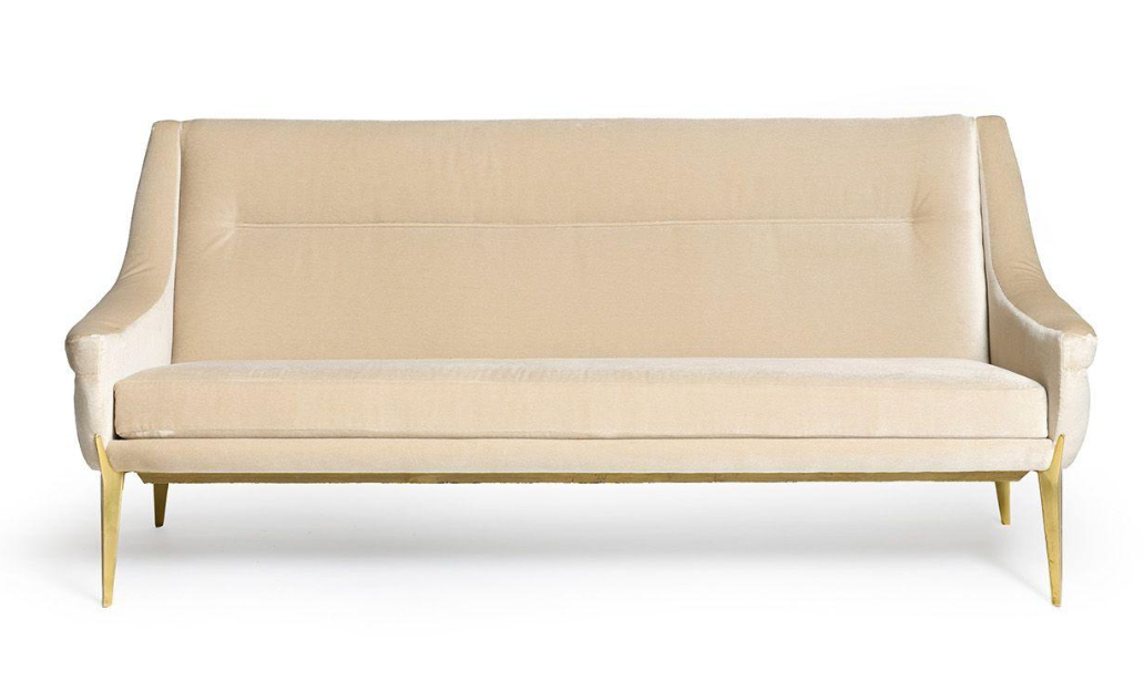 Charles Ramos Gold Anodized Aluminum Base Champagne Velvet Sofa