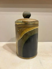 Italian Agate Hard Stone Round Box with Lid and Brass Mounts