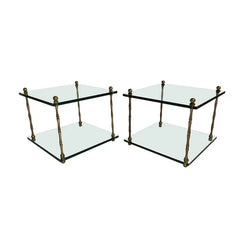 Pair of Italian Mid Century Modern Faux Bamboo Glass and Brass Side Tables