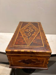 19th Century Burl Wood Box With Fruit Wood and Mother of Pearl Inlay