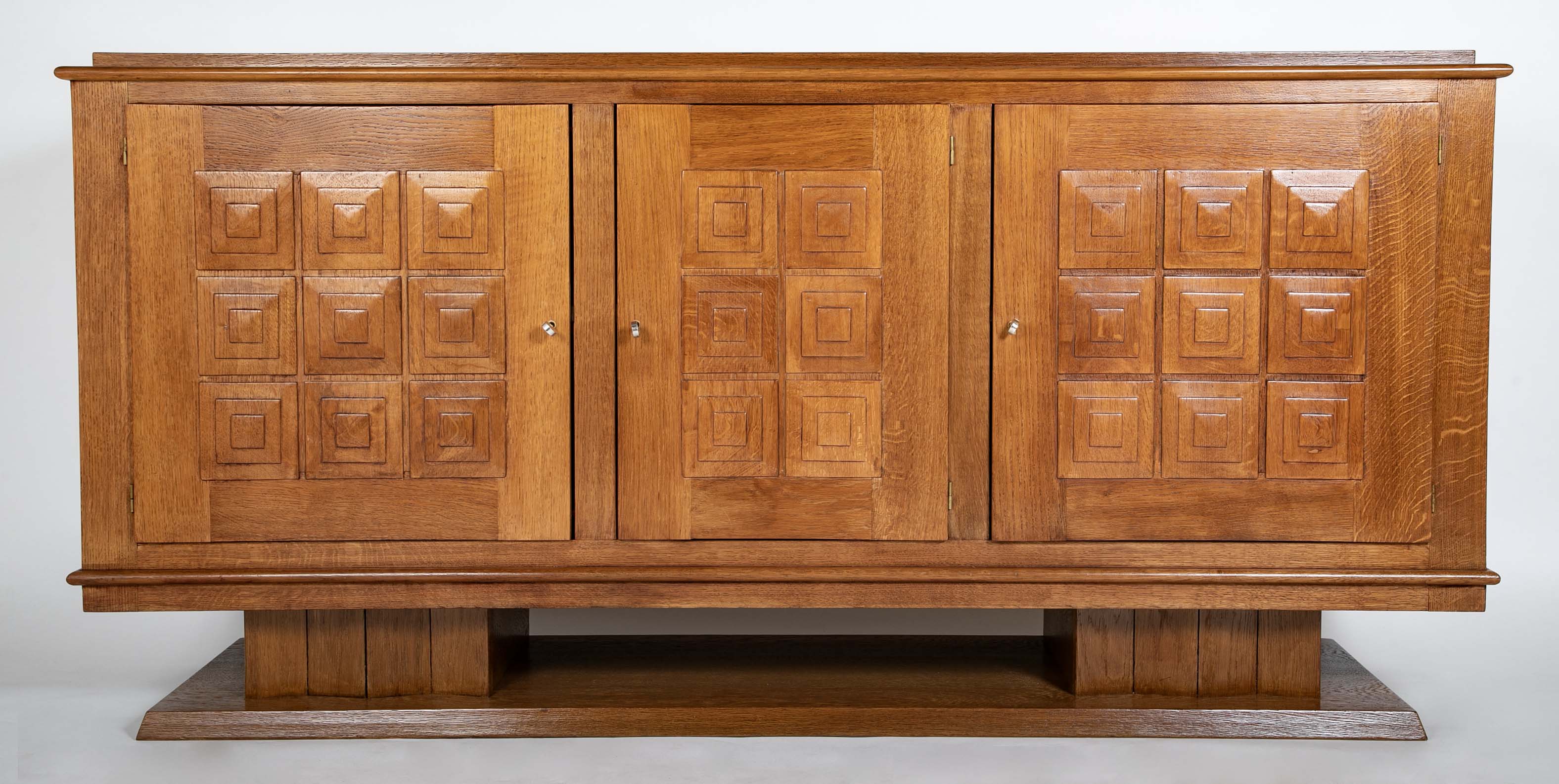French Cerused Oak Three Door Sideboard with Geometric Motifs, Art Deco
