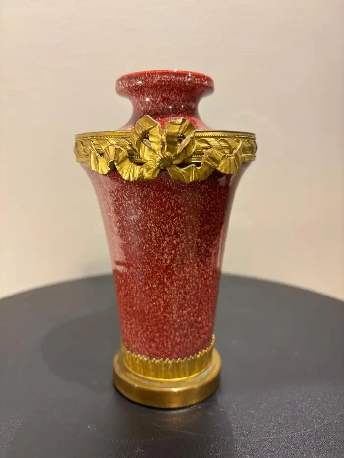 French Louis XVI Style Porcelain Vase Faux Porphyry Glaze Gilt Bronze Mounts