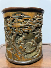 Chinese Bamboo Calligraphy Brush Holder Carved with Scholars in a Garden