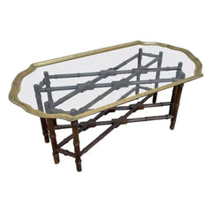 Regency Style Small Scale Brass Frame Glass Top Coffee Table Faux Bamboo Base