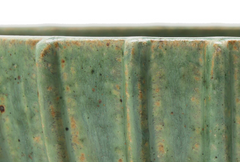 Arne Bang Circular Stoneware Bowl with Vertical Fluted Relief Decor, Green Glaze, Signed Monogram 189