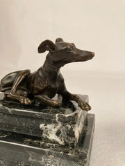 Pair of Regency Bronze Figures of Reclining Whippets on Green Marble Bases