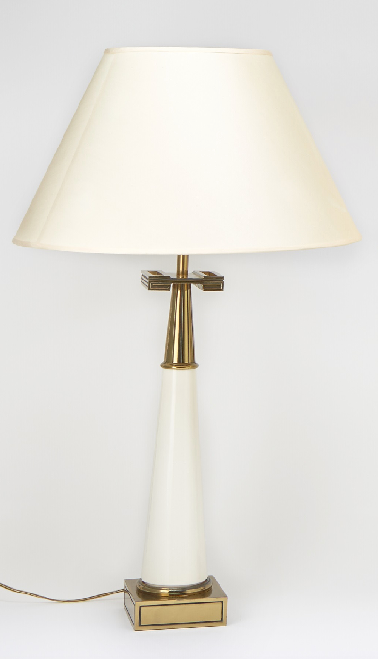 Pair of Tommi Parzinger Attributed Glass and Brass Table Lamps,