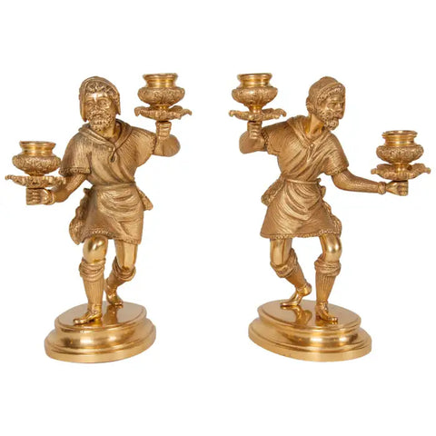 Pair of Gilt Bronze Candlesticks with Russian Serving Figures