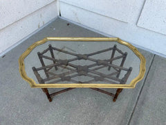 Regency Style Small Scale Brass Frame Glass Top Coffee Table Faux Bamboo Base