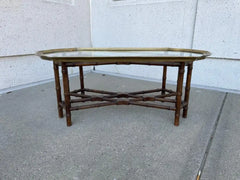 Regency Style Small Scale Brass Frame Glass Top Coffee Table Faux Bamboo Base