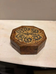 Italian Renaissance Style Octagonal Burl Wood Box With Fruit Wood Inlay