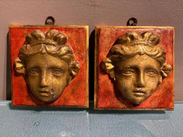 Pair of 18th Century Hand Carved Italian Neoclassical Giltwood Masks