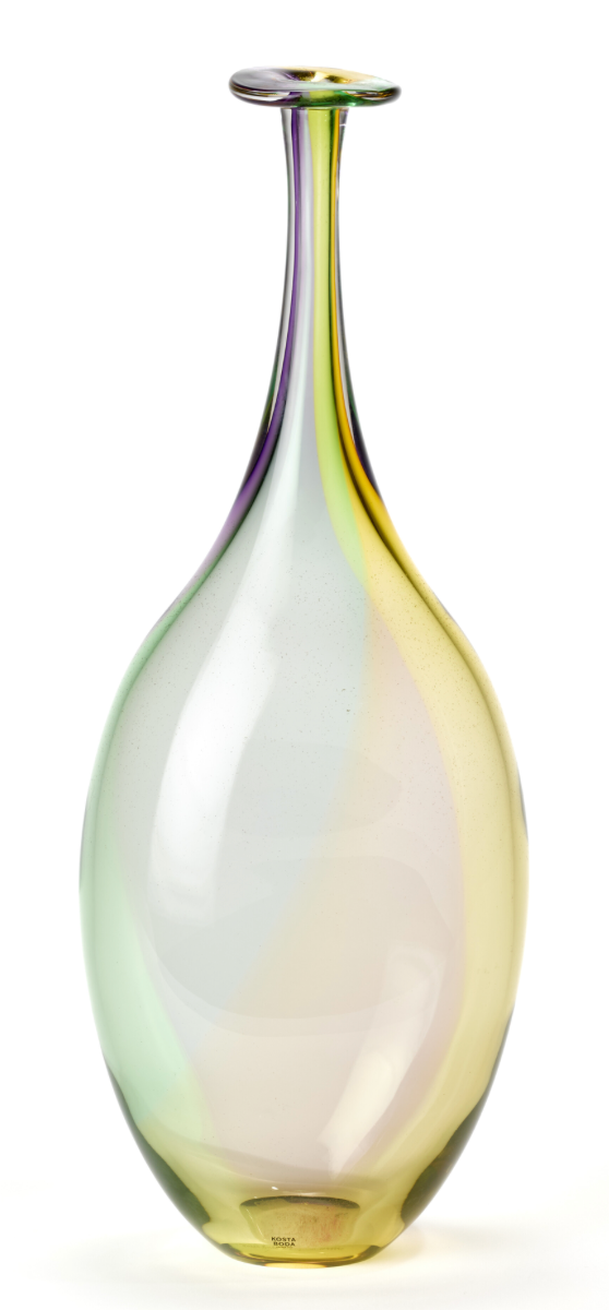 A Clear yellow blown glass bottle with rainbow outer surface model "Fidji" by Kjell Engman and produced by Kosta Boda