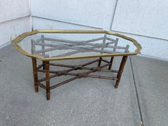 Regency Style Small Scale Brass Frame Glass Top Coffee Table Faux Bamboo Base