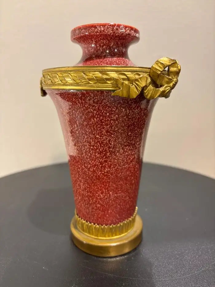 French Louis XVI Style Porcelain Vase Faux Porphyry Glaze Gilt Bronze Mounts
