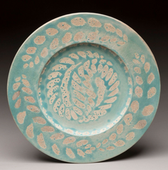 Jean Besnard Circular Ceramic Plate with Scratched Floral Decoration on Water Green Ground, Signed