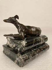 Pair of Regency Bronze Figures of Reclining Whippets on Green Marble Bases