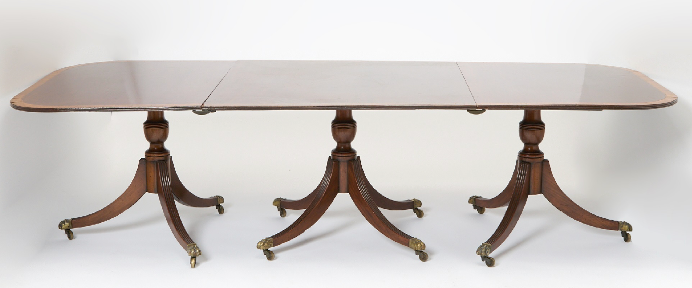 Regency Banded Mahogany Triple Pedestal Dining Table with Two Leaves
