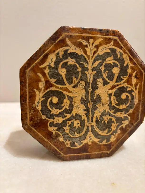 Italian Renaissance Style Octagonal Burl Wood Box With Fruit Wood Inlay
