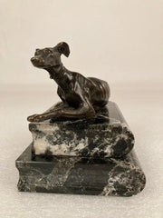 Pair of Regency Bronze Figures of Reclining Whippets on Green Marble Bases