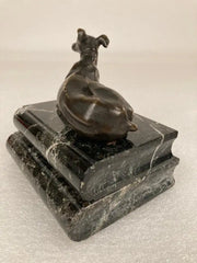 Pair of Regency Bronze Figures of Reclining Whippets on Green Marble Bases