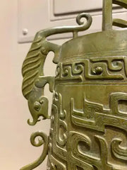 Chinese Archaistic Bronze Ritual Bell, Zhou Dynasty Style having Great Verdigris Patina