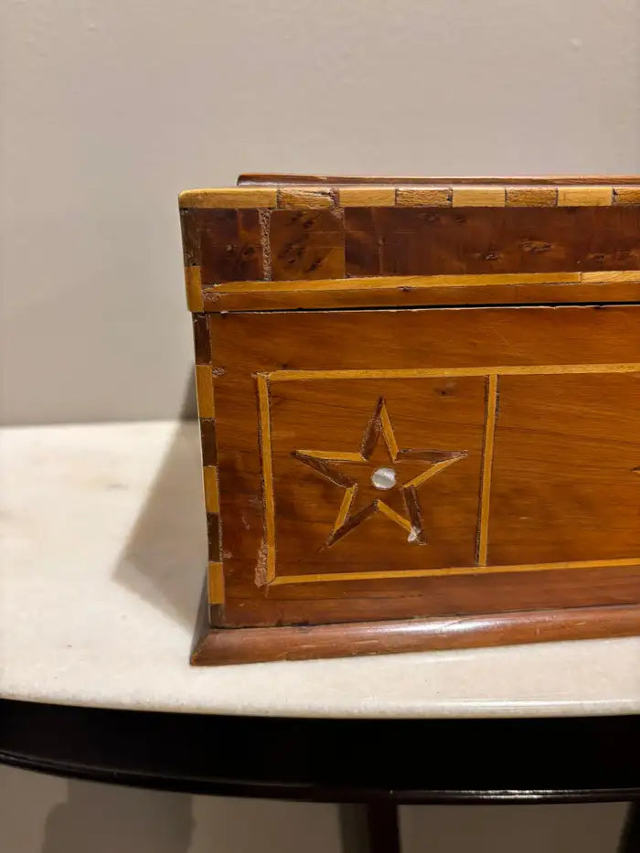 19th Century Burl Wood Box With Fruit Wood and Mother of Pearl Inlay