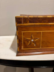 19th Century Burl Wood Box With Fruit Wood and Mother of Pearl Inlay