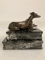 Pair of Regency Bronze Figures of Reclining Whippets on Green Marble Bases