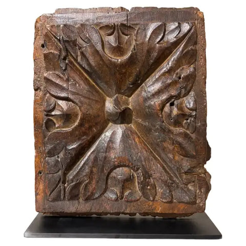 17th Century Spanish Carved Walnut Door Panel on Baroque, Hand-Carved, Steel Base