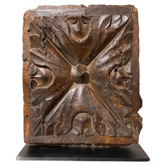 17th Century Spanish Carved Walnut Door Panel on Baroque, Hand-Carved, Steel Base