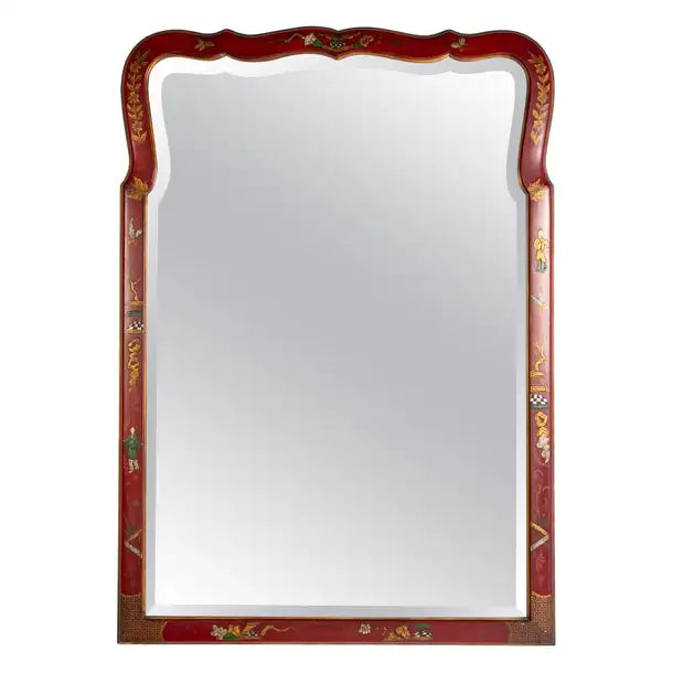 Queen Anne Style Chinoiserie Red Lacquer and Gilt Mirror with Beveled Glass