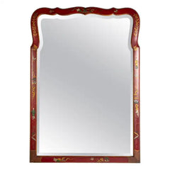 Queen Anne Style Chinoiserie Red Lacquer and Gilt Mirror with Beveled Glass