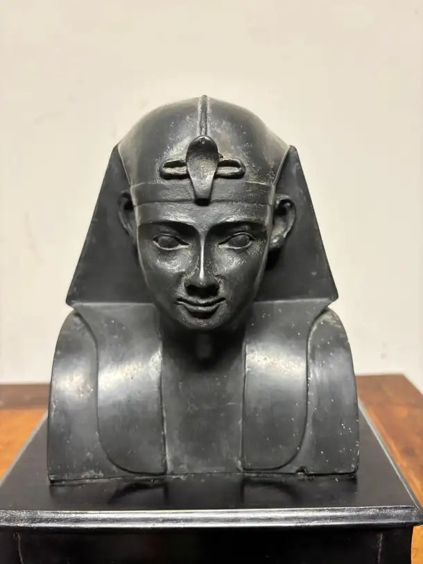 Ancient Egyptian Style Bust of a Pharaoh on Black Lacquer Base