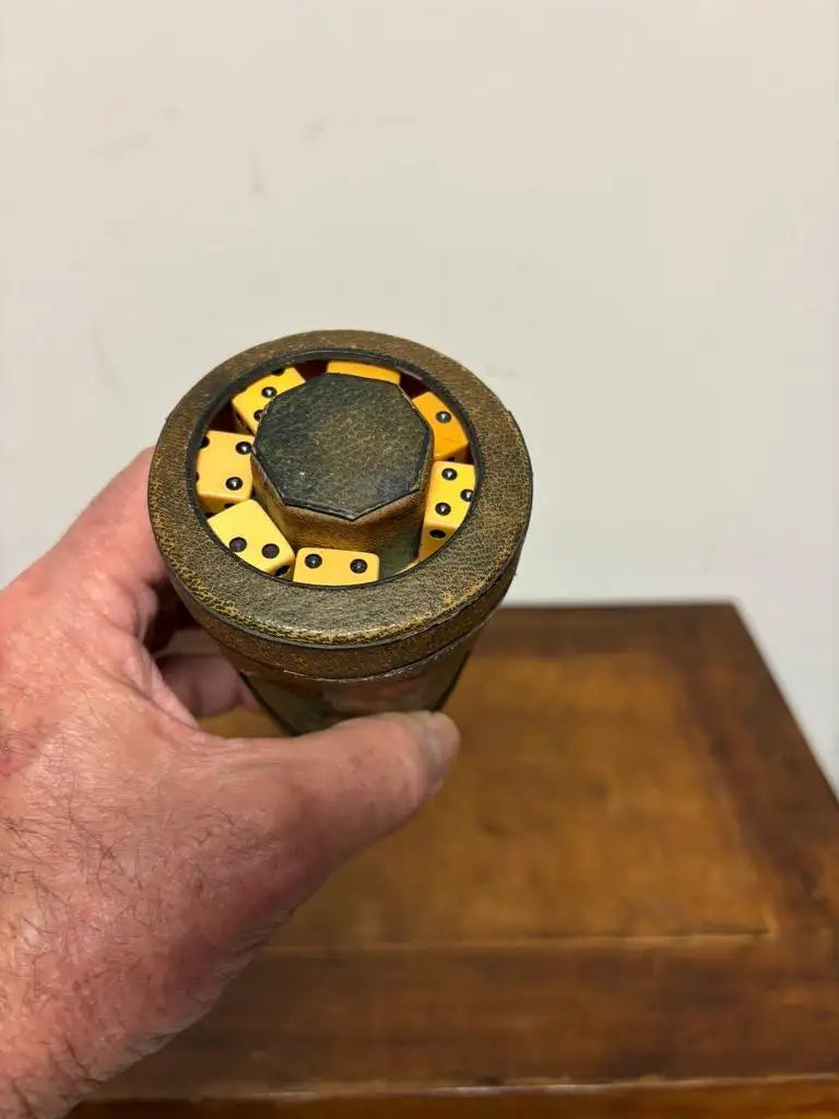 Early 20th Century Leather Dice Cup with 7 Dice Inset into the Top