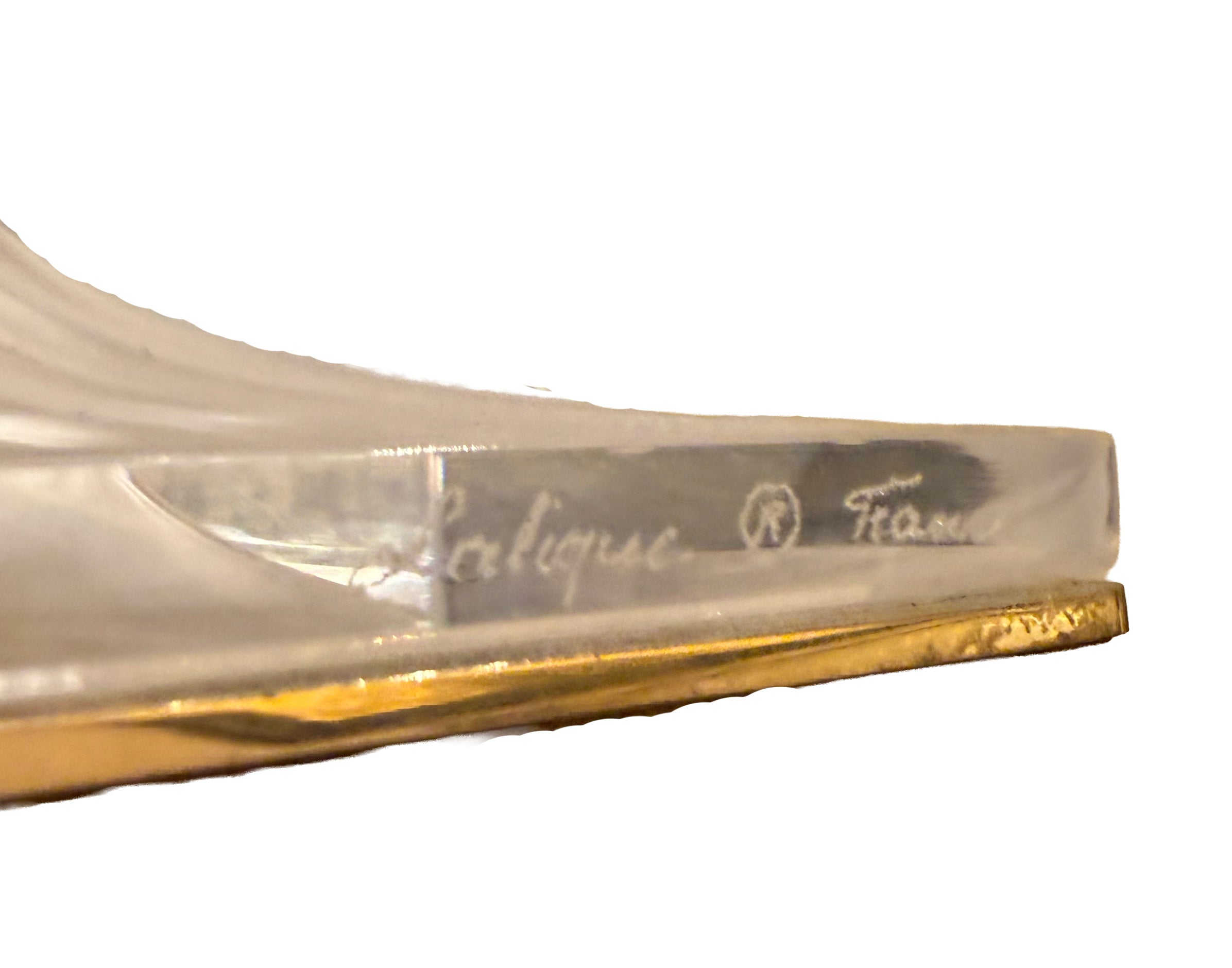 Lalique 'Josephine' Frosted Glass Table Lamps, Pair, Designed by Marc Lalique, Gilt Metal-Mounted, Lalique R. France