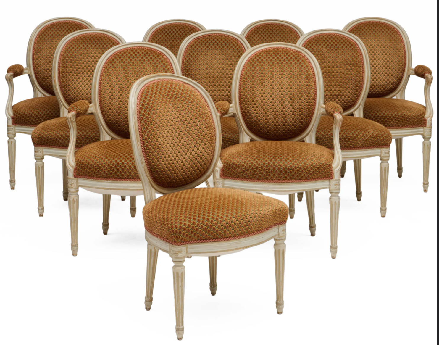 Set of Ten Louis XVI Style Cream Painted and Upholstered Armchairs