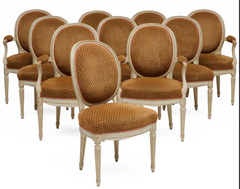 Set of Ten Louis XVI Style Cream Painted and Upholstered Armchairs