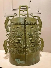 Chinese Archaistic Bronze Ritual Bell, Zhou Dynasty Style having Great Verdigris Patina