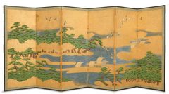 A Japanese Byobu Screen Depicting a Boat Scene with Swallows.