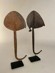 Pair of African Iron Bandaka Hoe Currency, Mounted on Custom Steel Bases